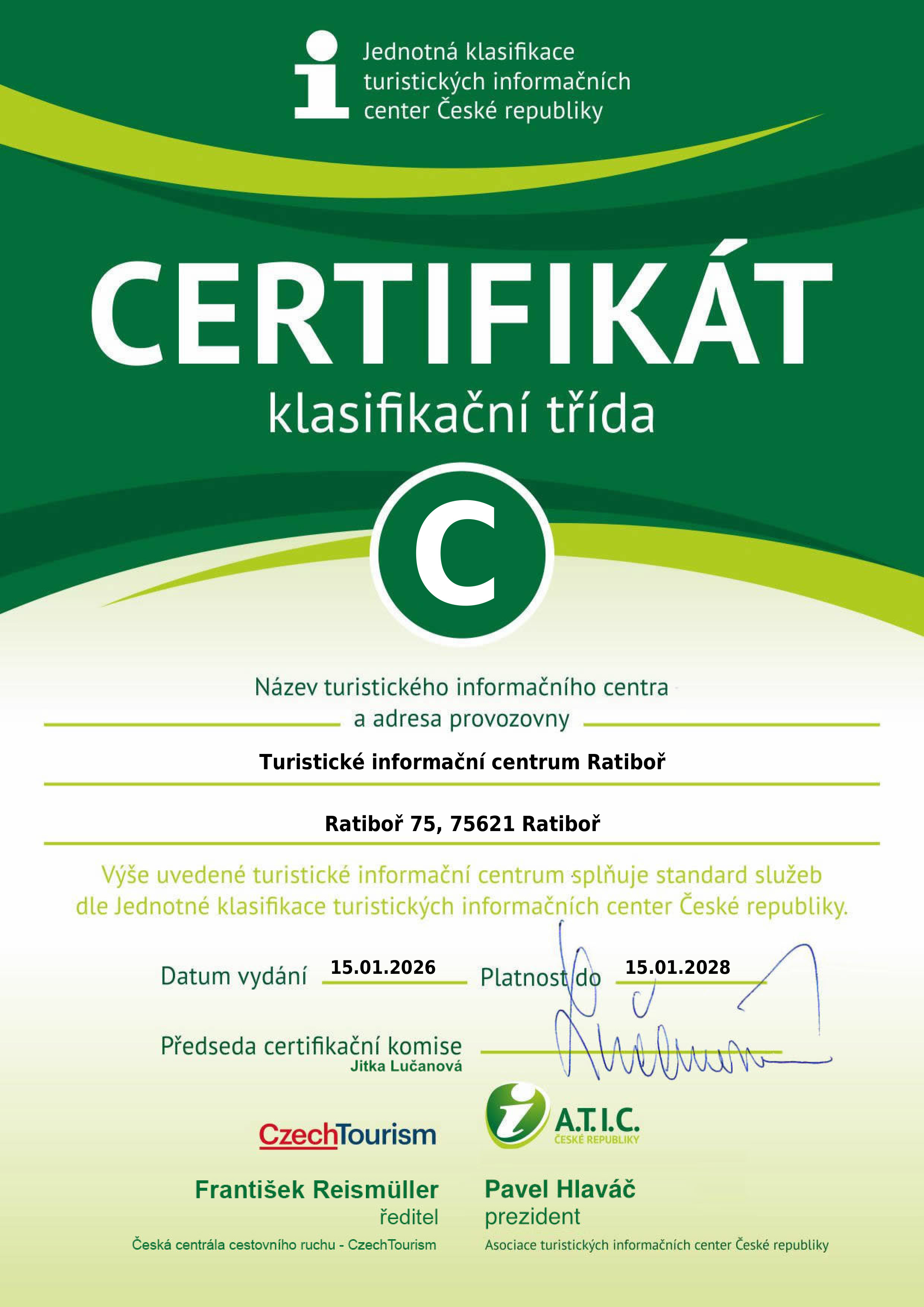 Certifikát - Turistické informační centrum Ratibor